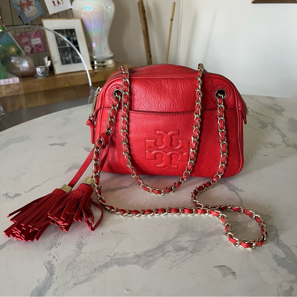 Tory Burch Thea Crossbody Shoulder Leather Bag w Gold Chain - Red Orange Color